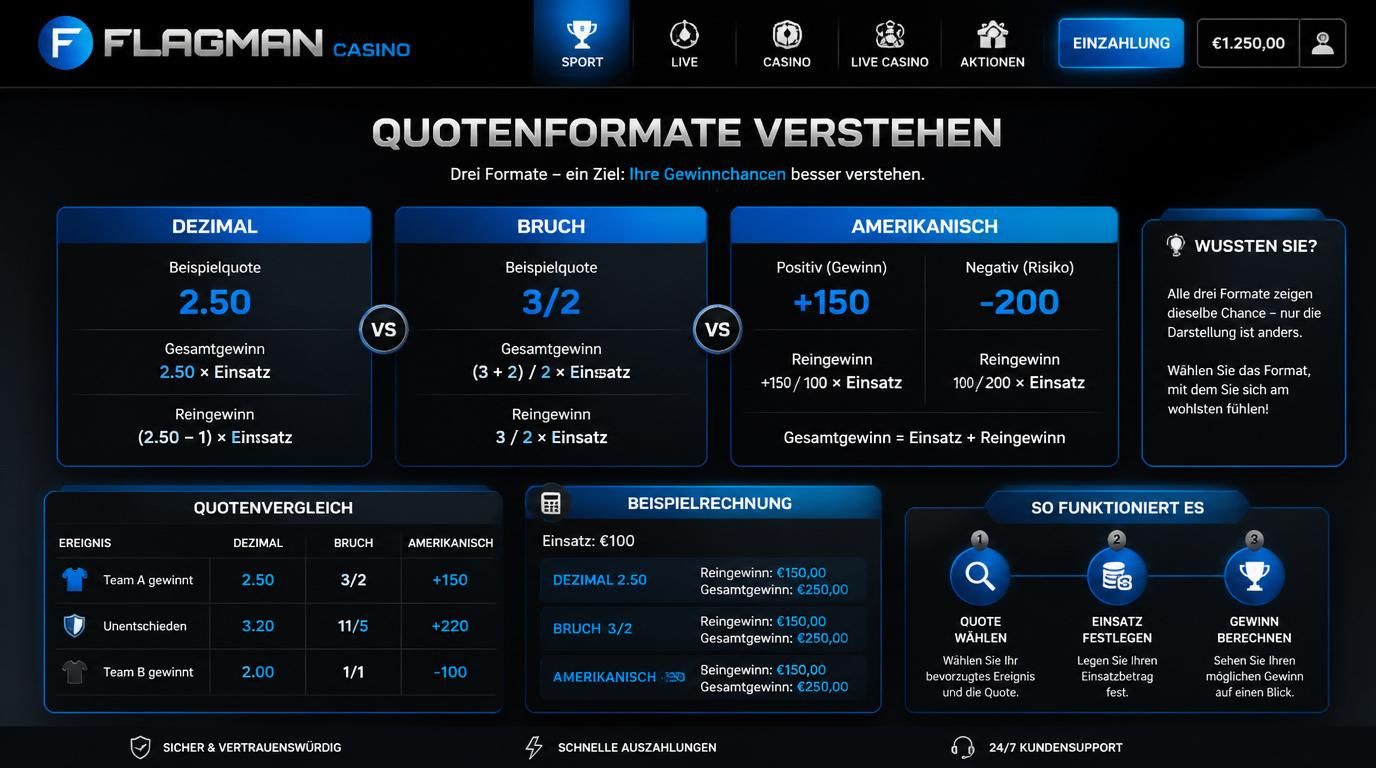Bildschirm zeigt verschiedene Quotenformate mit Beispielen und visueller Erklärung