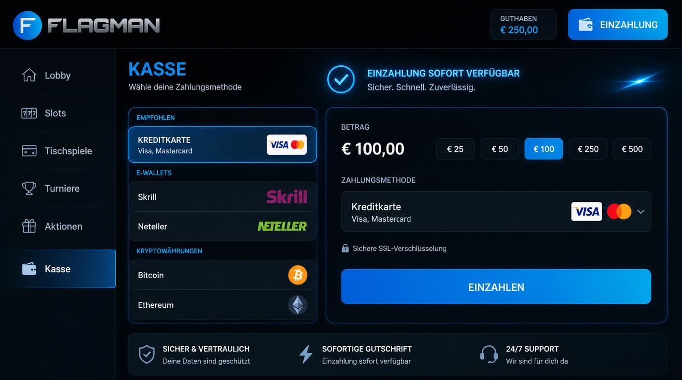 Interface mit Visa-, Skrill- und Bitcoin-Symbolen, Berliner Nutzerkonto und Button „Einzahlen“