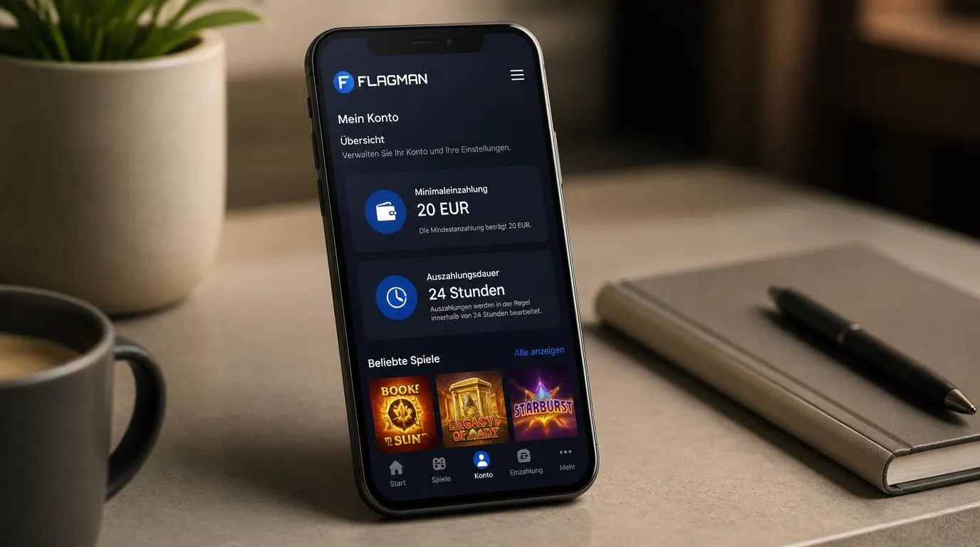 Smartphone mit Casino-Übersicht zu 20 EUR Einzahlung und Auszahlung innerhalb von 24 Stunden