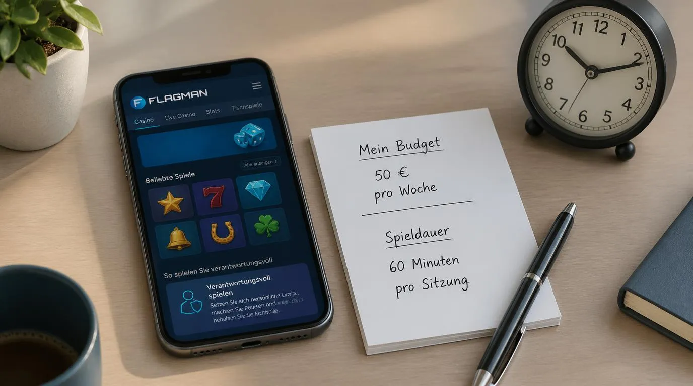 Smartphone mit Casinoansicht neben einem Notizblock für Spielbudget und Spieldauer