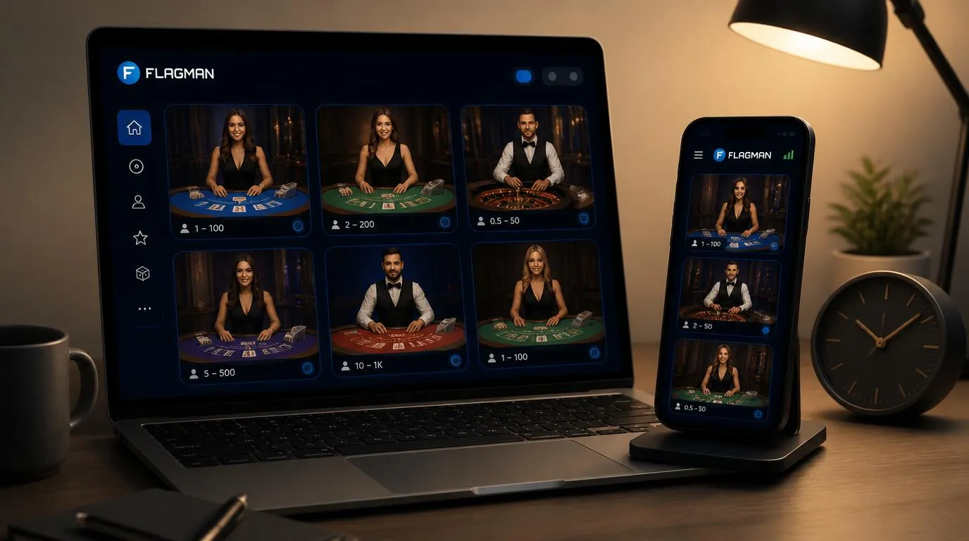 Smartphone und Laptop zeigen eine Live-Casino-Lobby mit Spieltischen und sichtbaren Einsatzbereichen